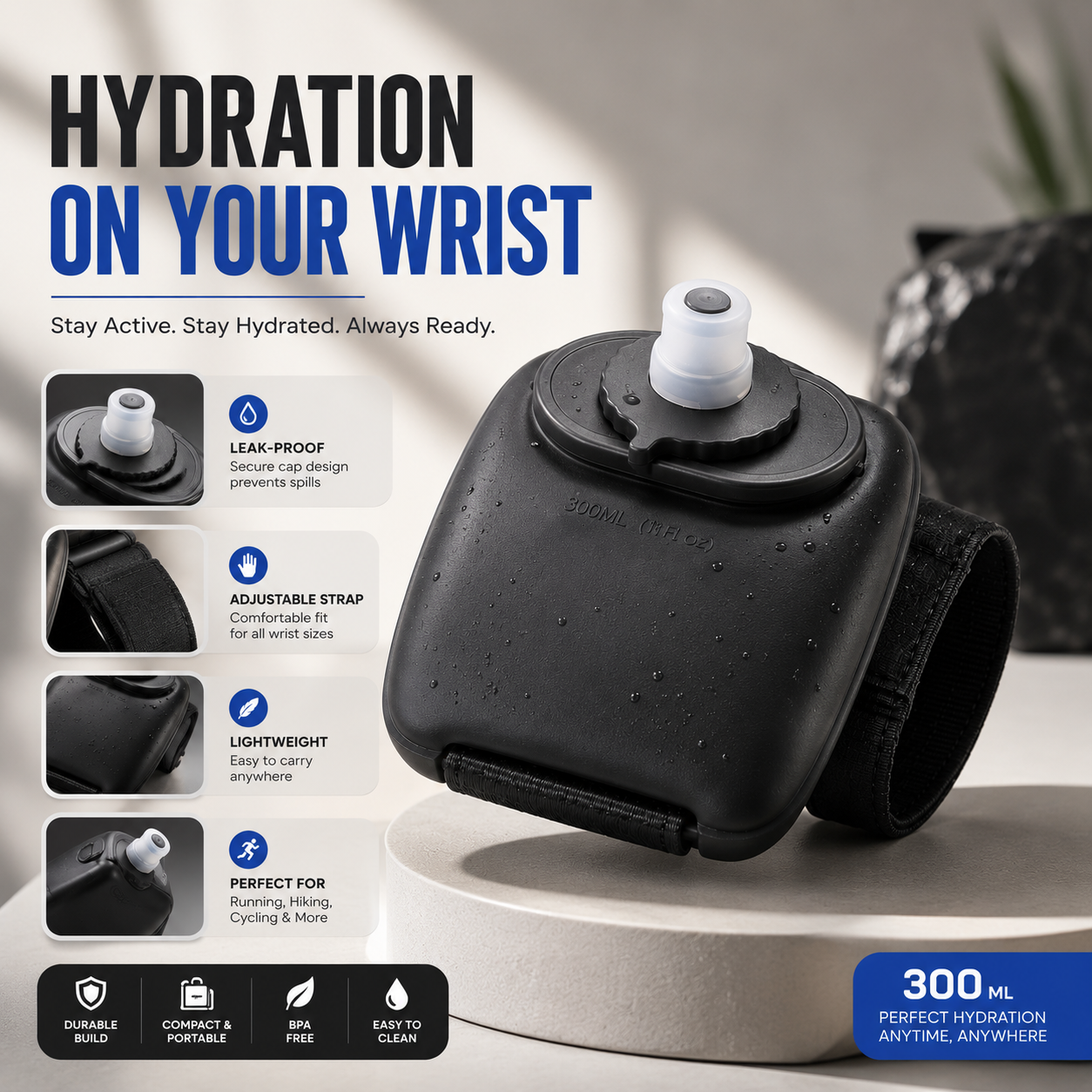 HydraBand Pro™ – Premium Wearable Wrist Water Bottle (200ml)
