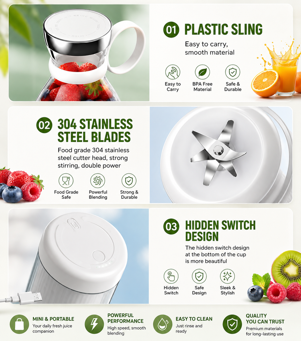 BlendGo Portable Fresh Juice Blender – USB Rechargeable (350ML)